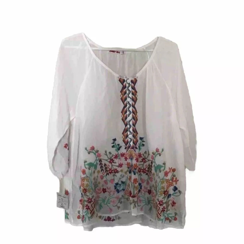 Johnny Was Ivory Sheer Embroidered 3/4 Sleeve Tunic Top Small Boho Hippy Shirt